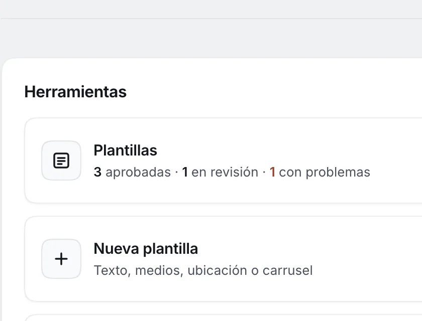 Pantalla «WhatsApp → Herramientas». Señalado con el número 1: la tarjeta «Plantillas».