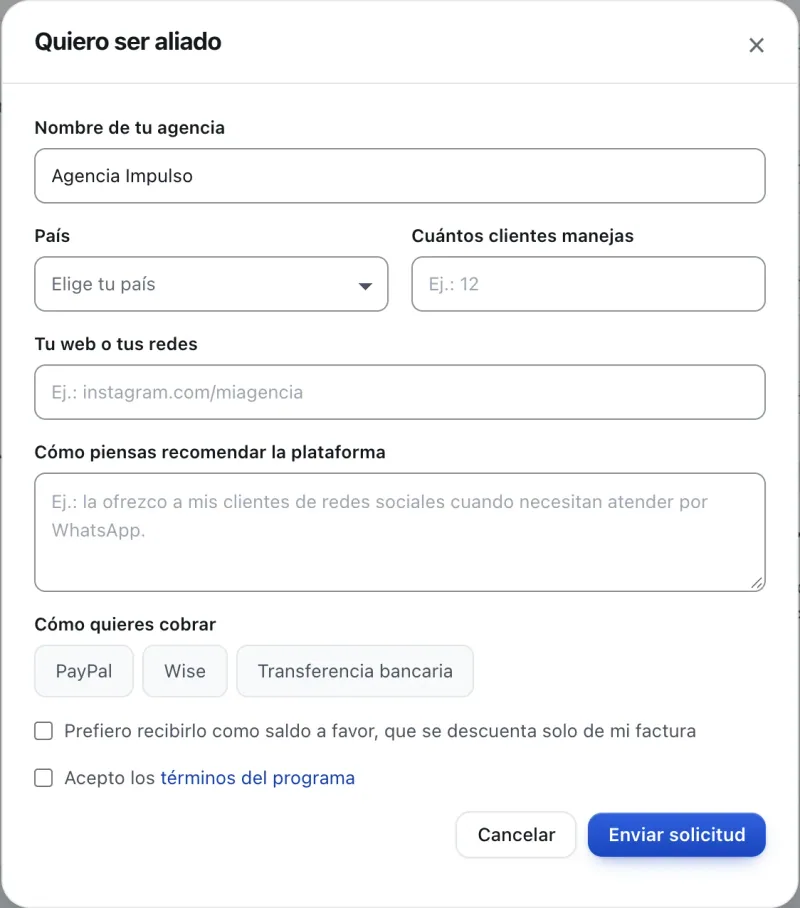Ventana «Quiero ser aliado». Señalado con el número 4: cómo quieres cobrar.