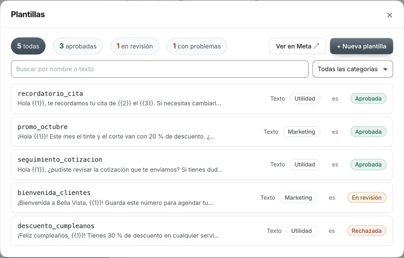 Ventana «Plantillas». Señalado con el número 2: el filtro «con problemas».