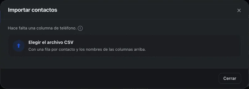 Ventana «Importar contactos». Señalado con el número 2: el botón para elegir el archivo.