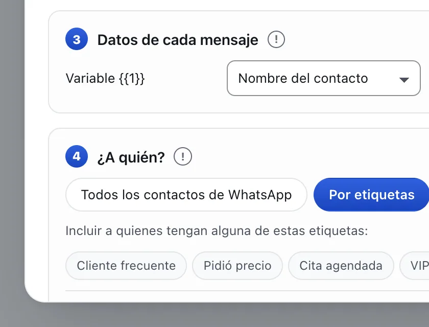 Pantalla «Mensajes masivos». Señalado con el número 7: la etiqueta «Cliente frecuente».