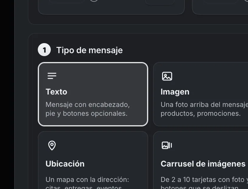 Pantalla «WhatsApp → Herramientas». Señalado con el número 2: el tipo «Texto».