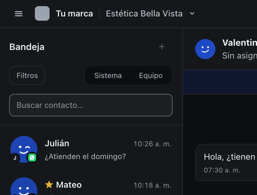 Pantalla «Bandeja de entrada». Señalado con el número 4: los botones «Sistema» y «Equipo».