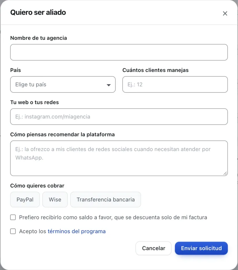 Ventana «Quiero ser aliado». Señalado con el número 3: el nombre de tu agencia.