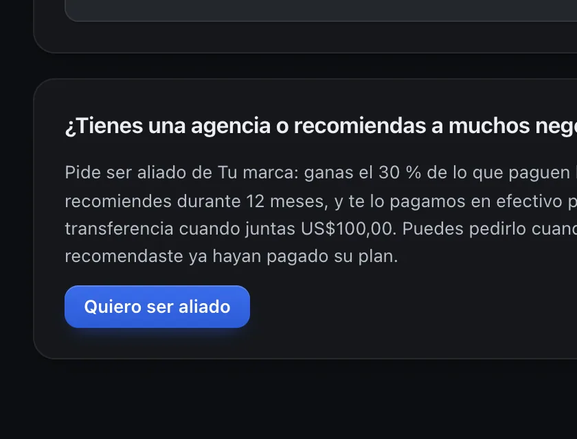 Pantalla «Refiere y gana». Señalado con el número 1: la parte de aliados.