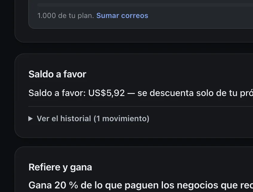 Pantalla «Plan y facturación». Señalado con el número 1: el saldo a favor.