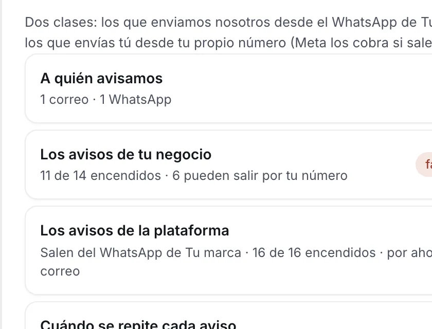 Pantalla «Configuración → Notificaciones». Señalado con el número 5: la fila de los avisos de tu negocio.