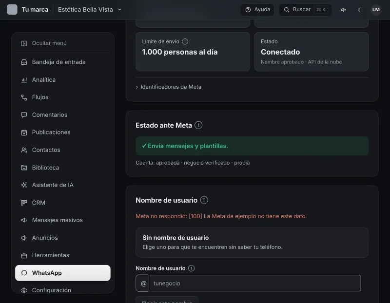 Pantalla «WhatsApp». Señalado con el número 3: el estado ante Meta.