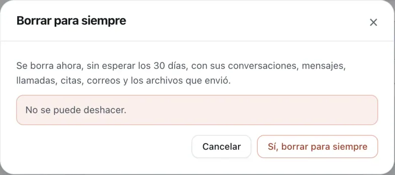 Ventana «Borrar para siempre». Señalado con el número 5: el botón «Sí, borrar para siempre».