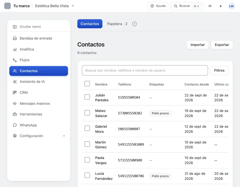 Pantalla «Contactos». Señalado con el número 1: el botón «Importar».