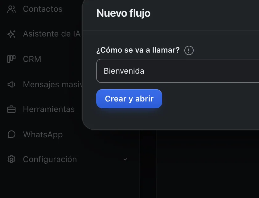 Pantalla «Flujos». Señalado con el número 3: el botón «Crear y abrir».