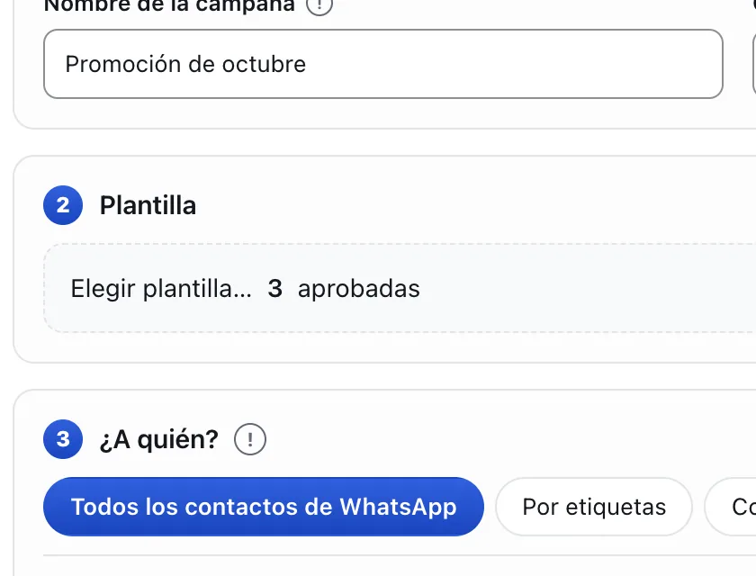 Pantalla «Mensajes masivos». Señalado con el número 3: el botón «Elegir plantilla…».