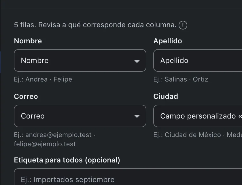 Ventana «Importar contactos». Señalado con el número 3: las columnas del archivo.