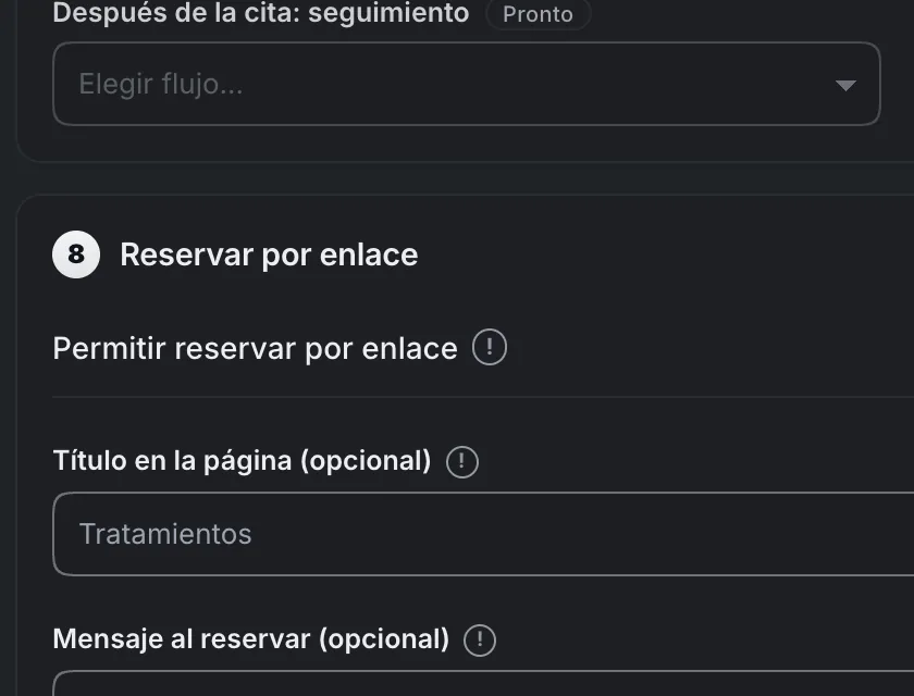 Pantalla «Herramientas». Señalado con el número 4: el interruptor «Permitir reservar por enlace».