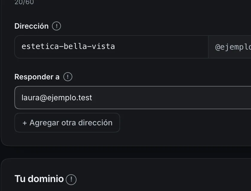 Pantalla «Configuración → Correo». Señalado con el número 3: la dirección de «Responder a».