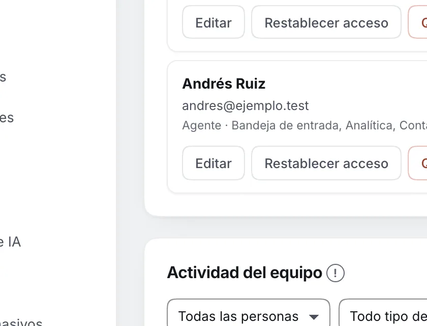 Pantalla «Configuración → Equipo». Señalado con el número 1: editar a Andrés Ruiz.