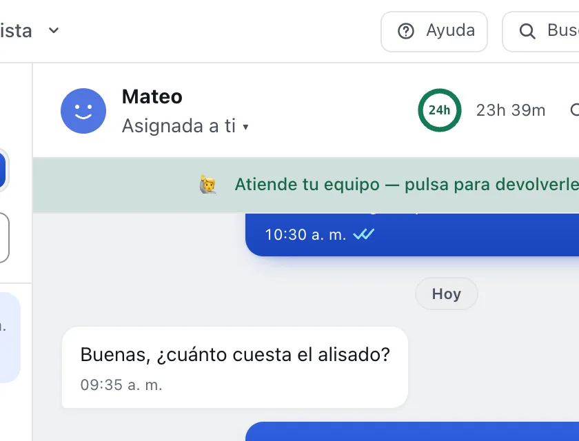 Pantalla «Bandeja de entrada». Señalado con el número 3: la banda de quién atiende.