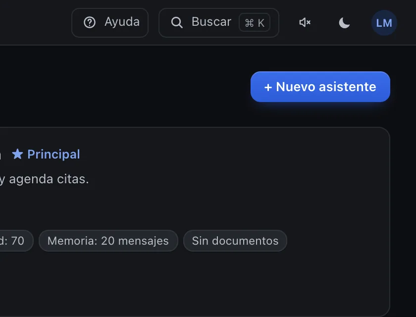 Pantalla «Asistente de IA». Señalado con el número 1: el botón «+ Nuevo asistente».