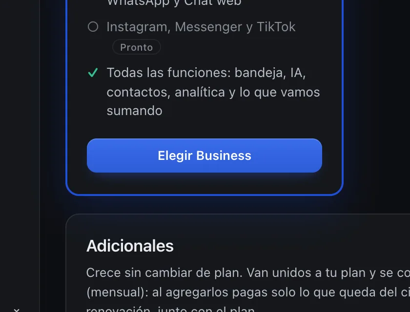 Pantalla «Plan y facturación». Señalado con el número 3: el botón del plan Business.