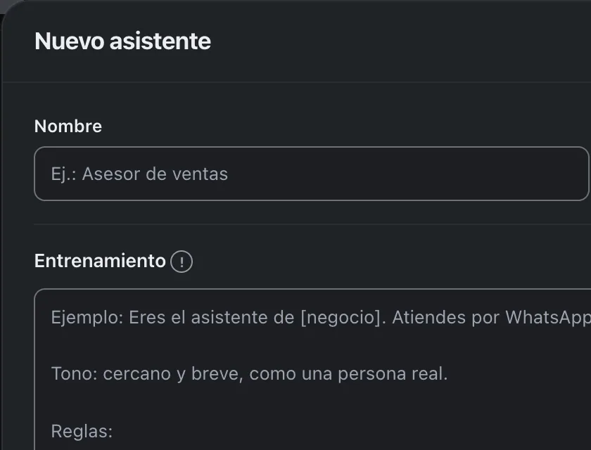 Ventana «Configurar asistente». Señalado con el número 2: el nombre del asistente.