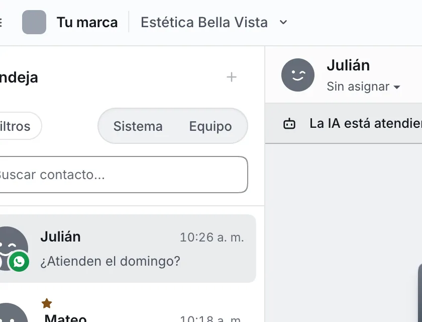 Pantalla «Bandeja de entrada». Señalado con el número 1: el botón «Equipo».