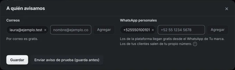 Ventana «A quién avisamos». Señalado con el número 2: la caja para un correo.