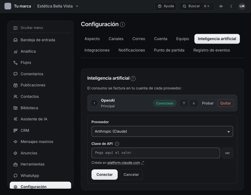 Pantalla «Configuración → Inteligencia artificial». Señalado con el número 2: el proveedor.