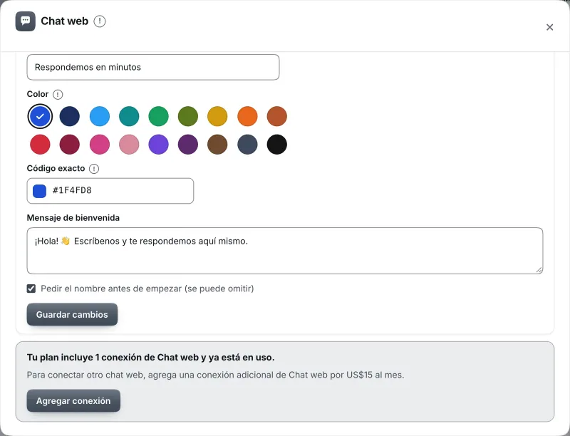 Ventana «Chat web». Señalado con el número 6: el botón «Guardar cambios».