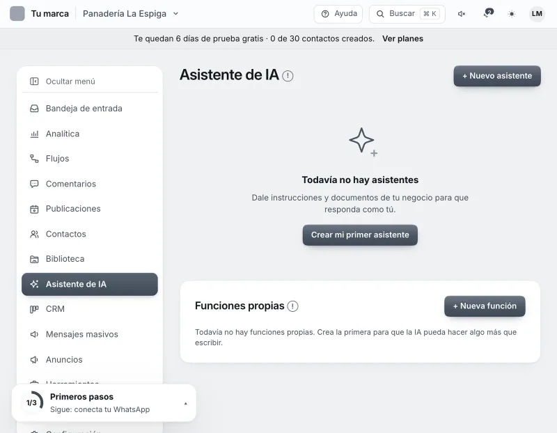 Pantalla «Asistente de IA». Señalado con el número 4: el botón «+ Nuevo asistente».