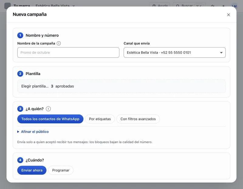 Pantalla «Mensajes masivos». Señalado con el número 2: el nombre de la campaña.