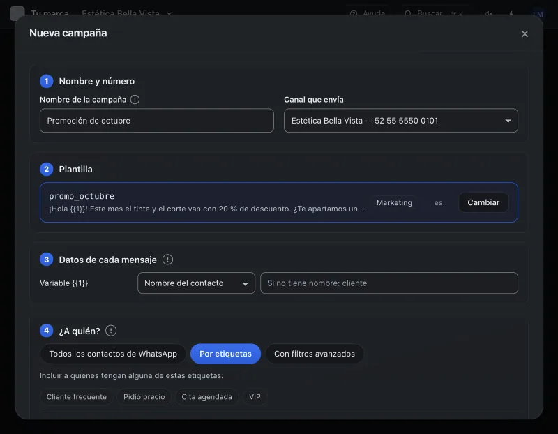Pantalla «Mensajes masivos». Señalado con el número 7: la etiqueta «Cliente frecuente».