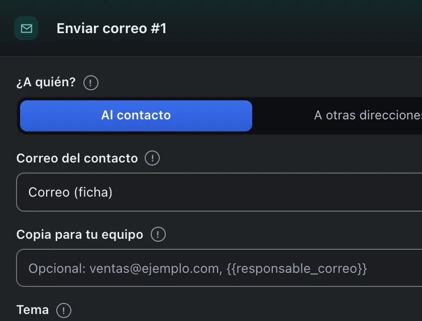 Pantalla «Editor de flujos». Señalado con el número 6: la opción «Al contacto».