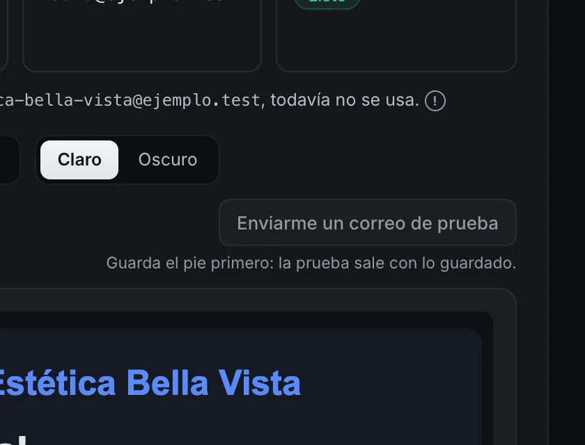 Pantalla «Configuración → Correo». Señalado con el número 6: el botón «Enviarme un correo de prueba».