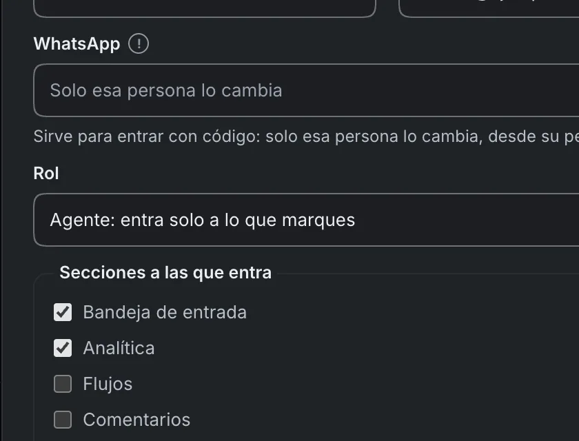 Ventana «Editar a Andrés Ruiz». Señalado con el número 2: el rol.
