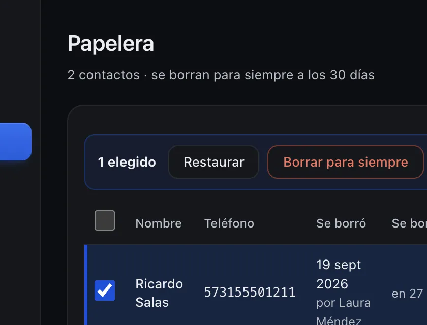 Pantalla «Contactos → Papelera». Señalado con el número 3: el botón «Restaurar».