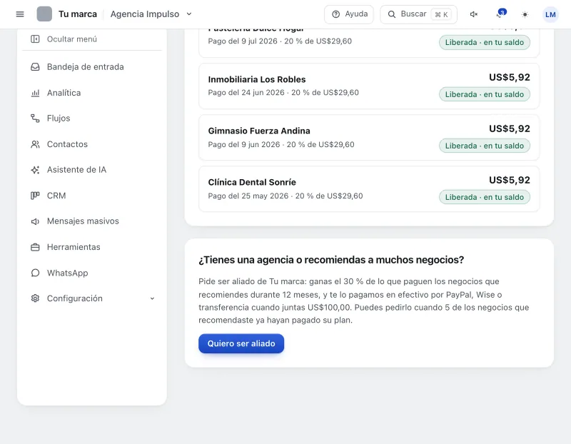 Pantalla «Refiere y gana». Señalado con el número 1: la parte de aliados.