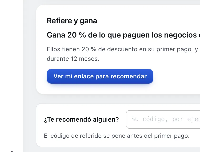 Pantalla «Plan y facturación». Señalado con el número 4: el botón «Ver mi enlace para recomendar».