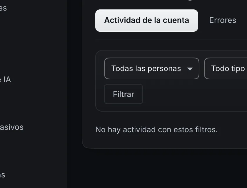 Pantalla «Configuración → Registro de eventos». Señalado con el número 2: el botón «Filtrar».