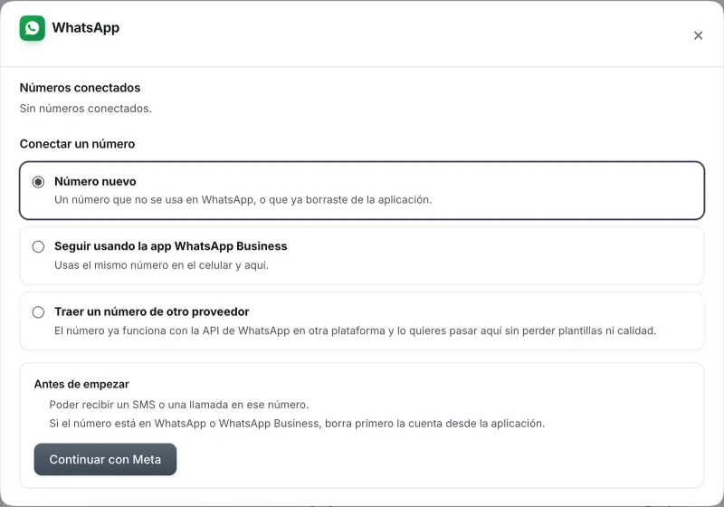 Ventana «WhatsApp». Señalado con el número 3: el botón «Continuar con Meta».