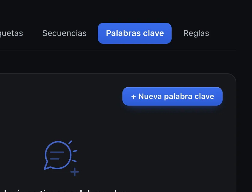 Pantalla «Flujos → Palabras clave». Señalado con el número 1: el botón «+ Nueva palabra clave».