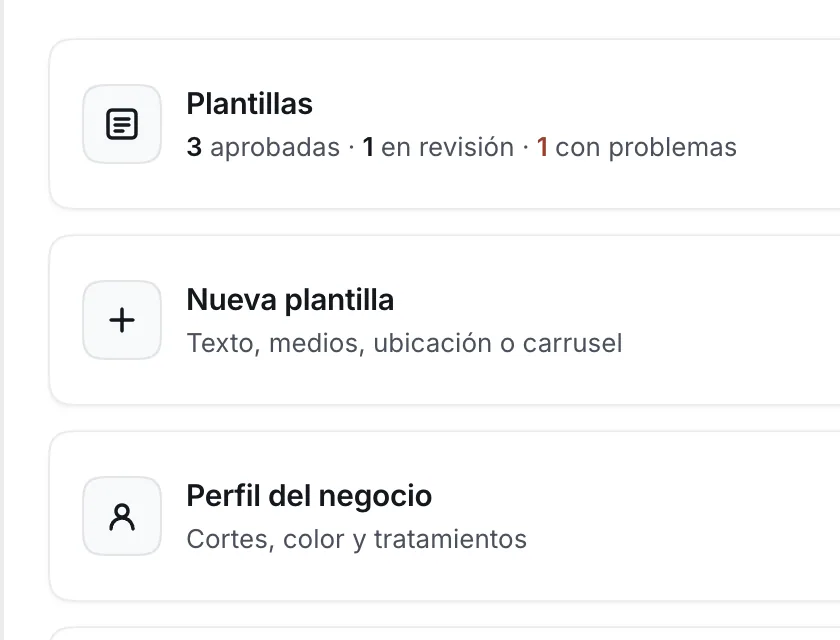 Pantalla «WhatsApp → Herramientas». Señalado con el número 1: la tarjeta «Nueva plantilla».