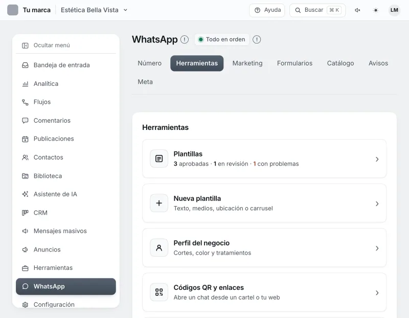 Pantalla «WhatsApp → Herramientas». Señalado con el número 1: la tarjeta «Nueva plantilla».