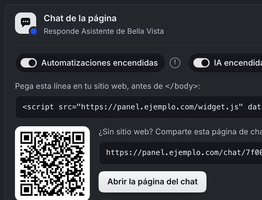 Ventana «Chat web». Señalado con el número 2: la línea de código del chat.