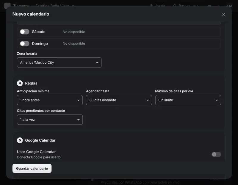 Pantalla «Herramientas». Señalado con el número 6: las reglas del calendario.