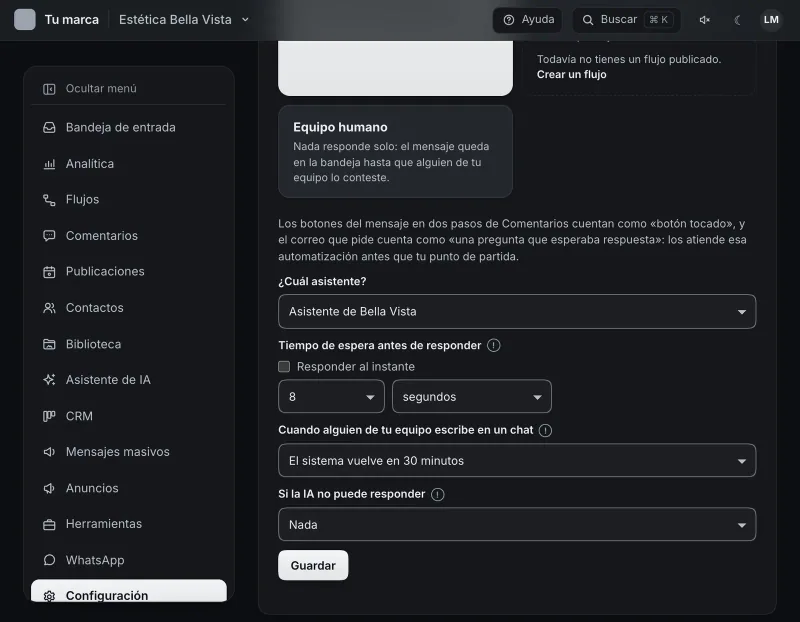 Pantalla «Configuración → Punto de partida». Señalado con el número 2: el desplegable «¿Cuál asistente?».
