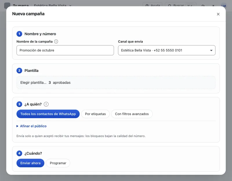 Pantalla «Mensajes masivos». Señalado con el número 3: el botón «Elegir plantilla…».