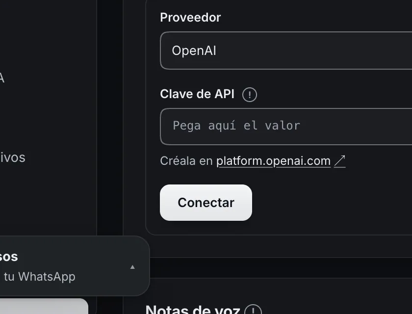 Pantalla «Configuración → Inteligencia artificial». Señalado con el número 3: el botón «Conectar».