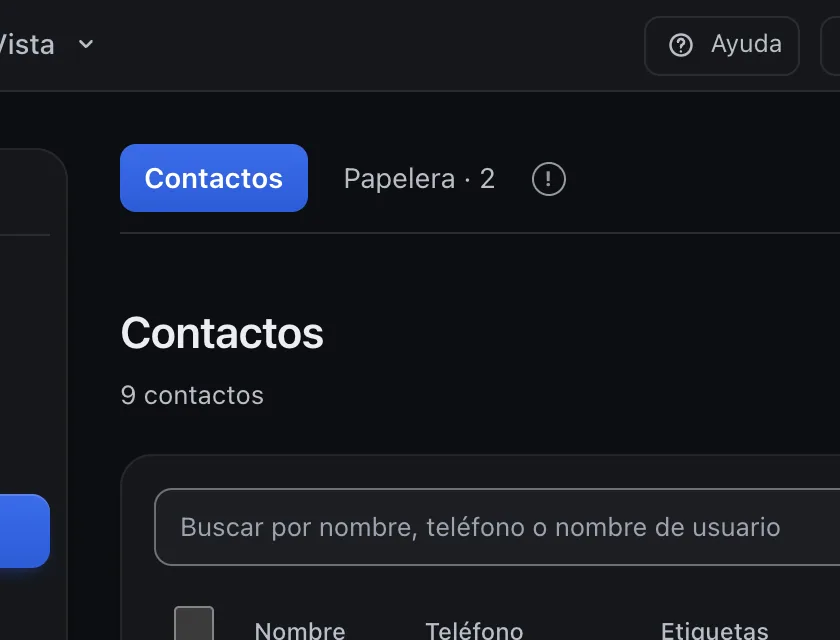Pantalla «Contactos». Señalado con el número 1: la pestaña de la papelera.