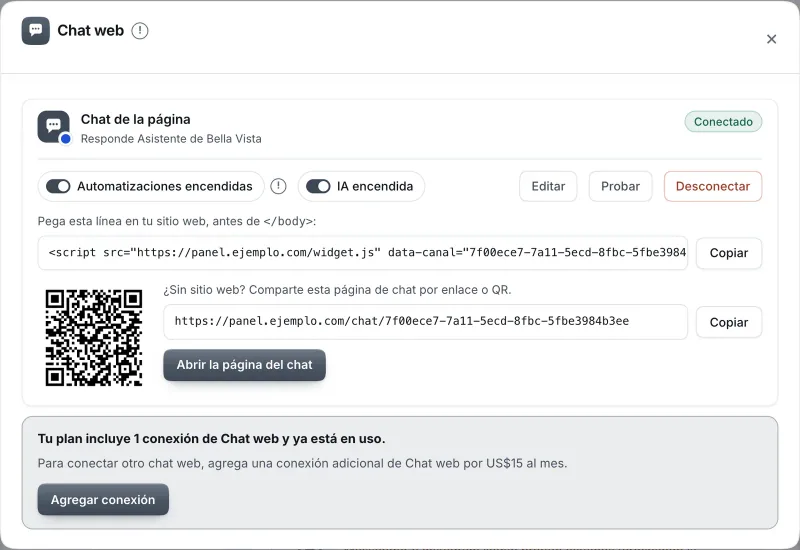 Ventana «Chat web». Señalado con el número 2: la línea de código del chat.