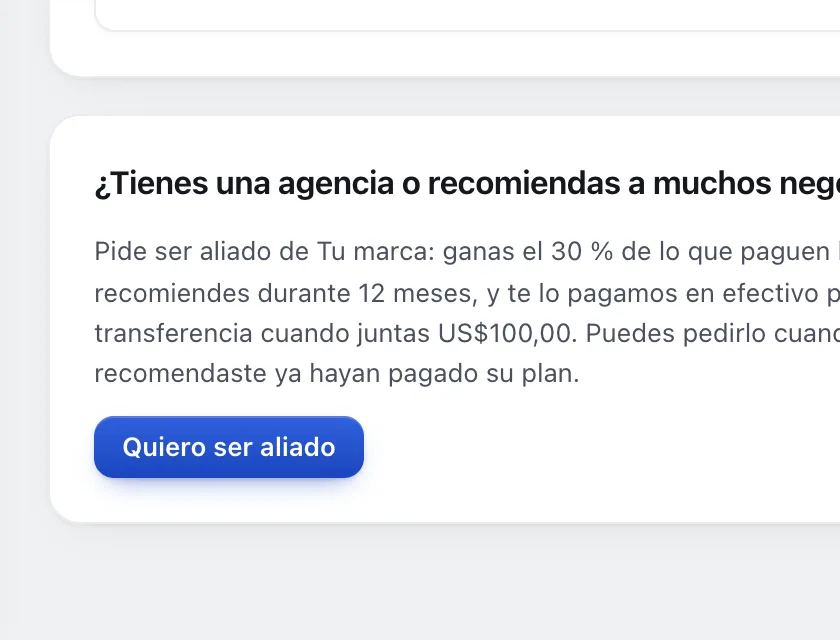Pantalla «Refiere y gana». Señalado con el número 1: la parte de aliados.
